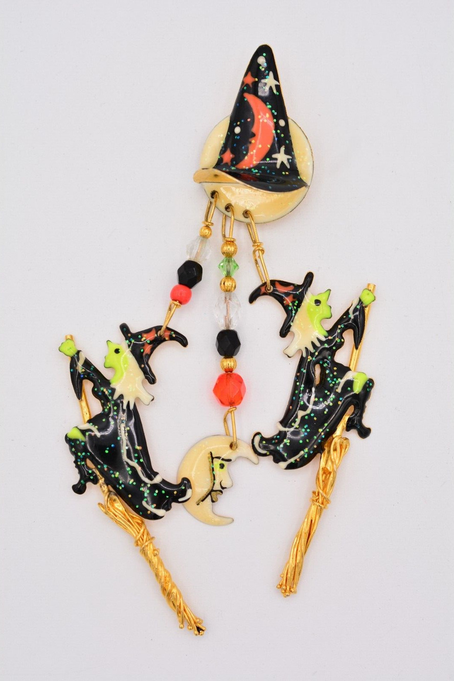 Lunch at The Ritz Vintage Halloween Pin Brooch Witch Hat Dangle Broom RARE Bin5B